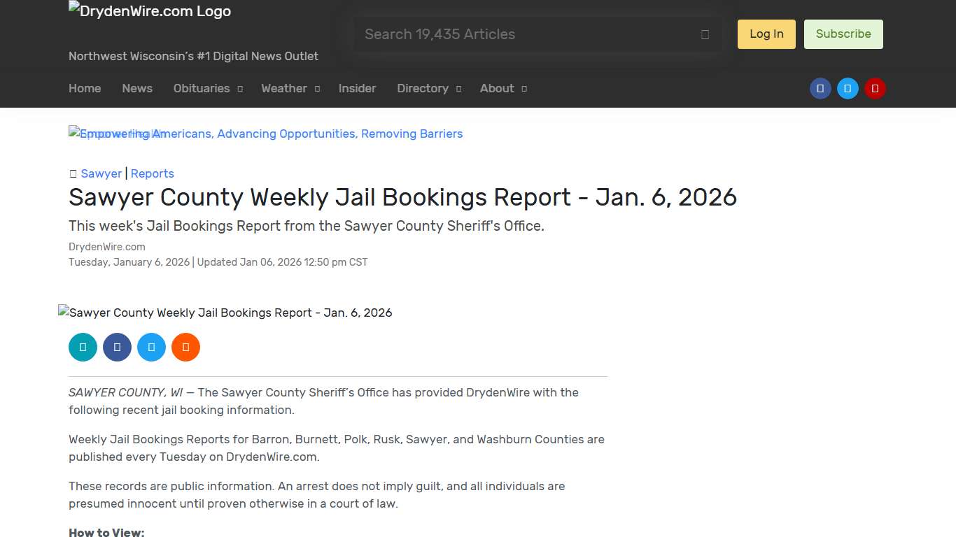 Sawyer County Weekly Jail Bookings Report - Jan. 6, 2026 Recent News DrydenWire.com